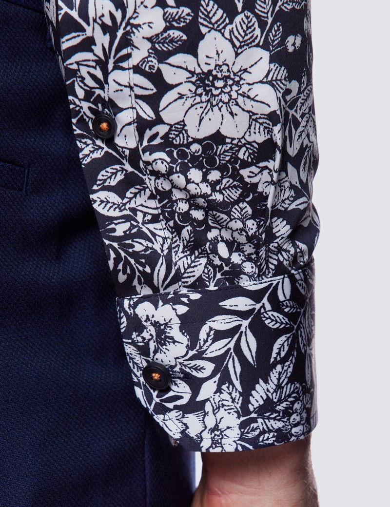 Curtis Navy & White Floral Cotton Stretch Shirt - Low Collar