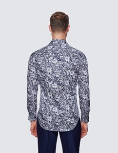 Curtis Navy & White Floral Cotton Stretch Shirt - Low Collar
