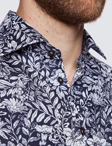 Curtis Navy & White Floral Cotton Stretch Shirt - Low Collar