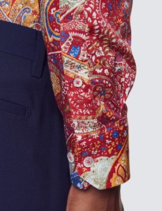 Curtis Red & Blue Paisley Print Cotton Stretch Shirt - Low Collar