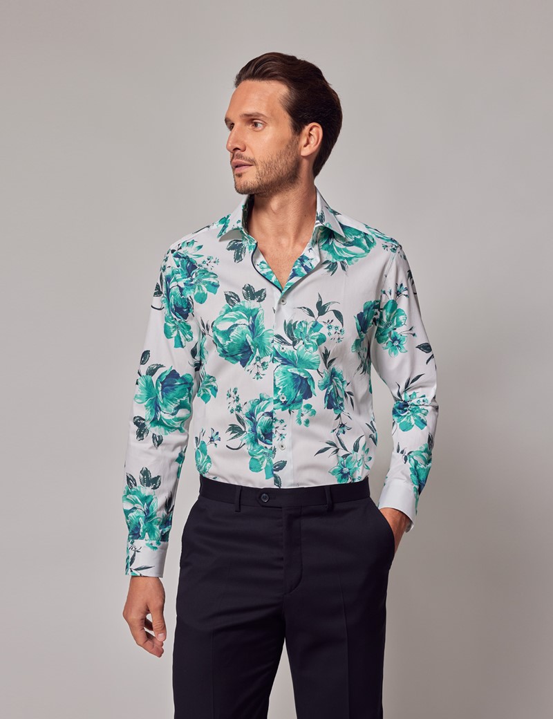 White & Green Floral Diamond Weave Shirt