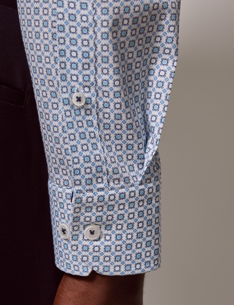 Men's White & Blue Geometric Diamond Weave Shirt