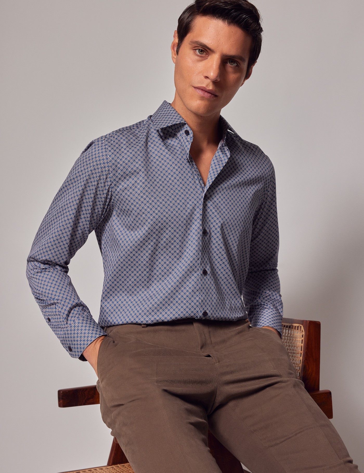 Men's Navy & Brown Geometric Cotton Satin Shirt