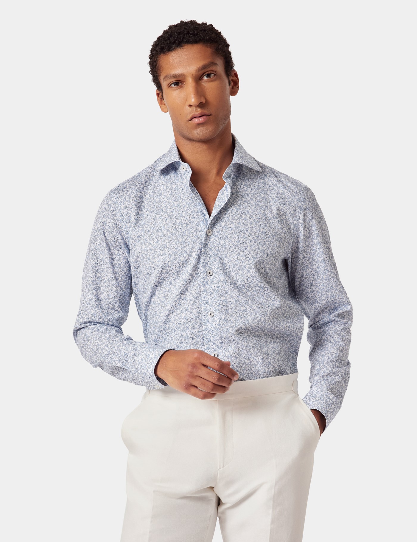 Hawes & Curtis White & Blue Floral Diamond Weave Slim Curtis Shirt Size: XXL