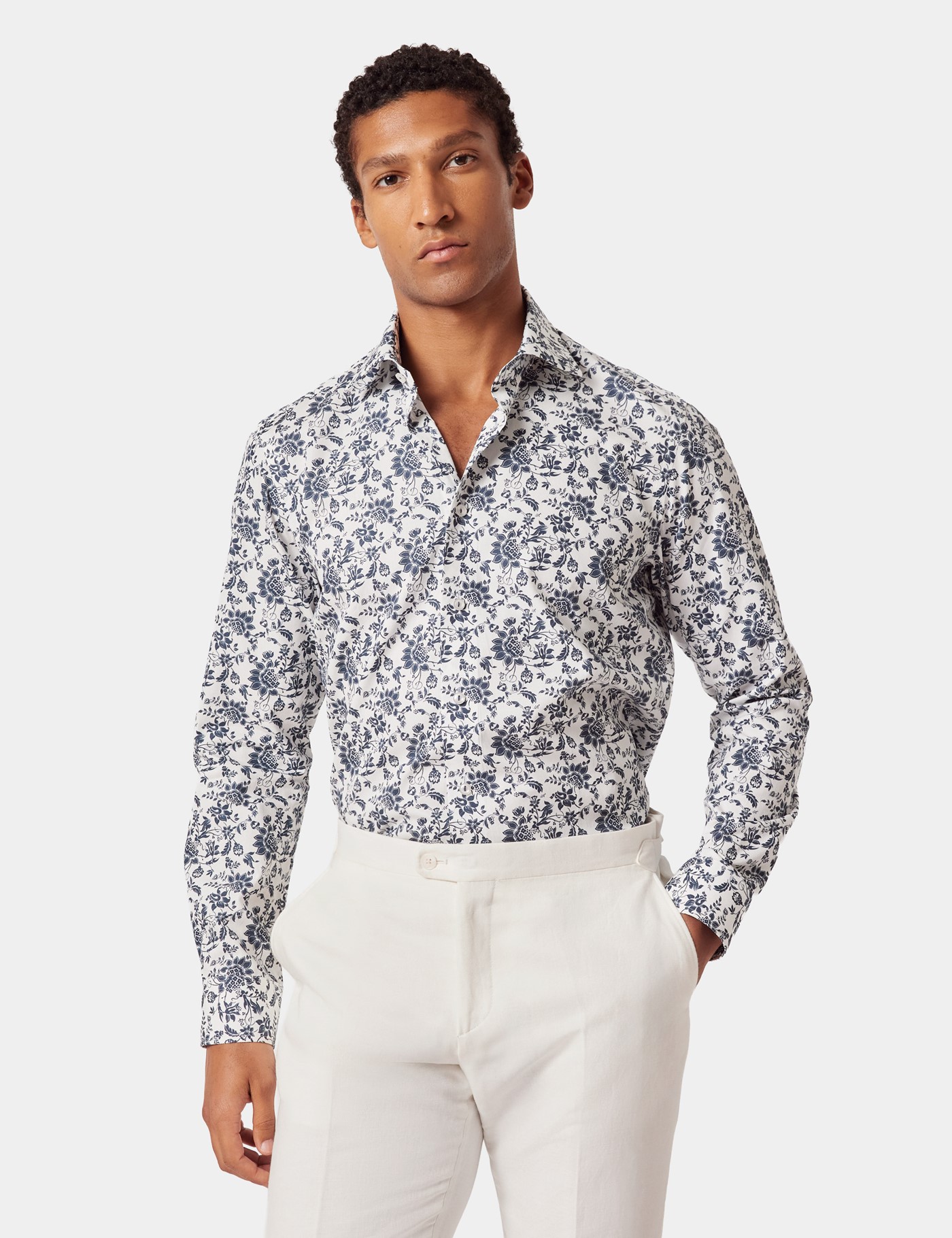 & & Navy Floral Diamond Weave Slim Shirt Long