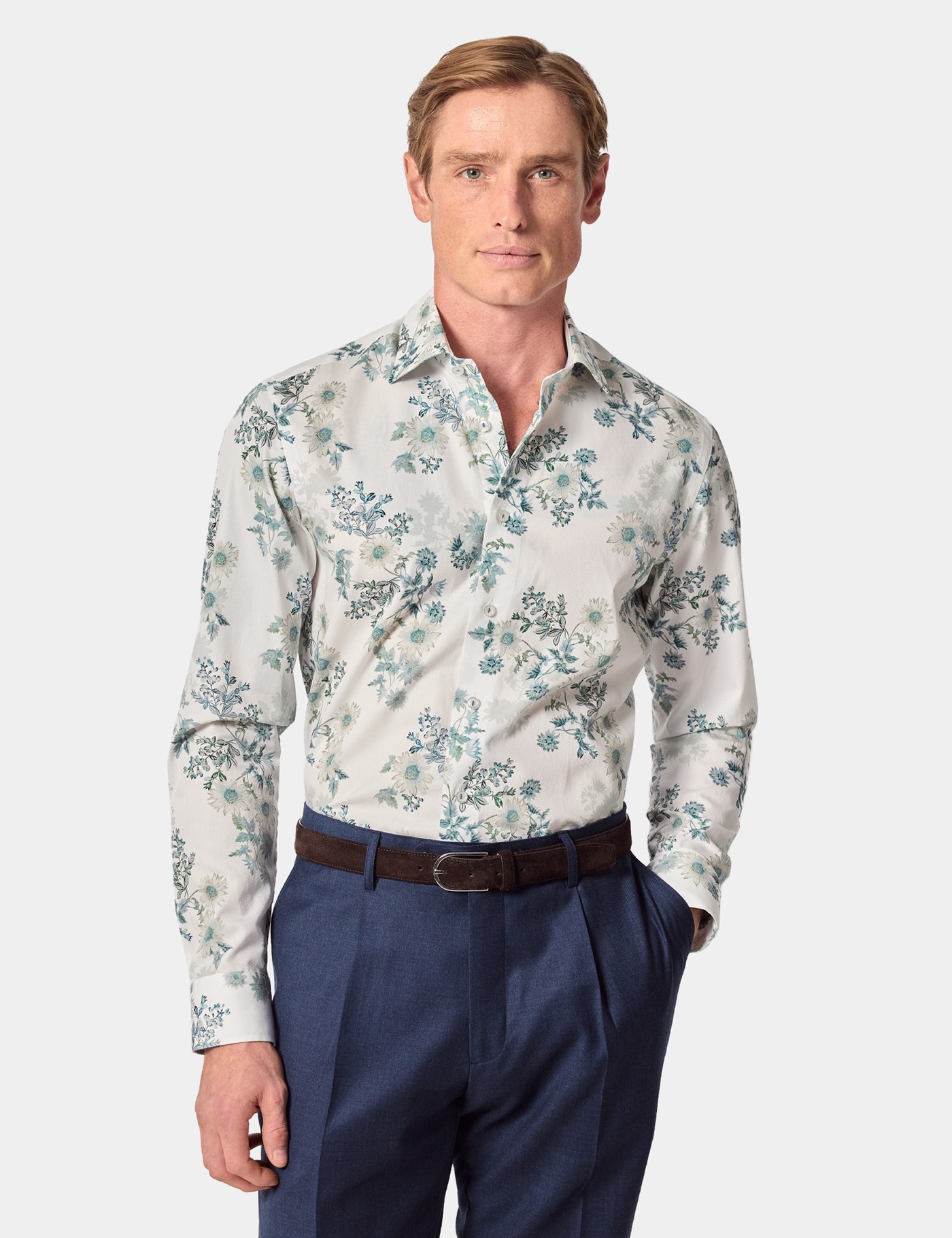 & Slim Fit & Green Floral Diamond Weave Shirt Long