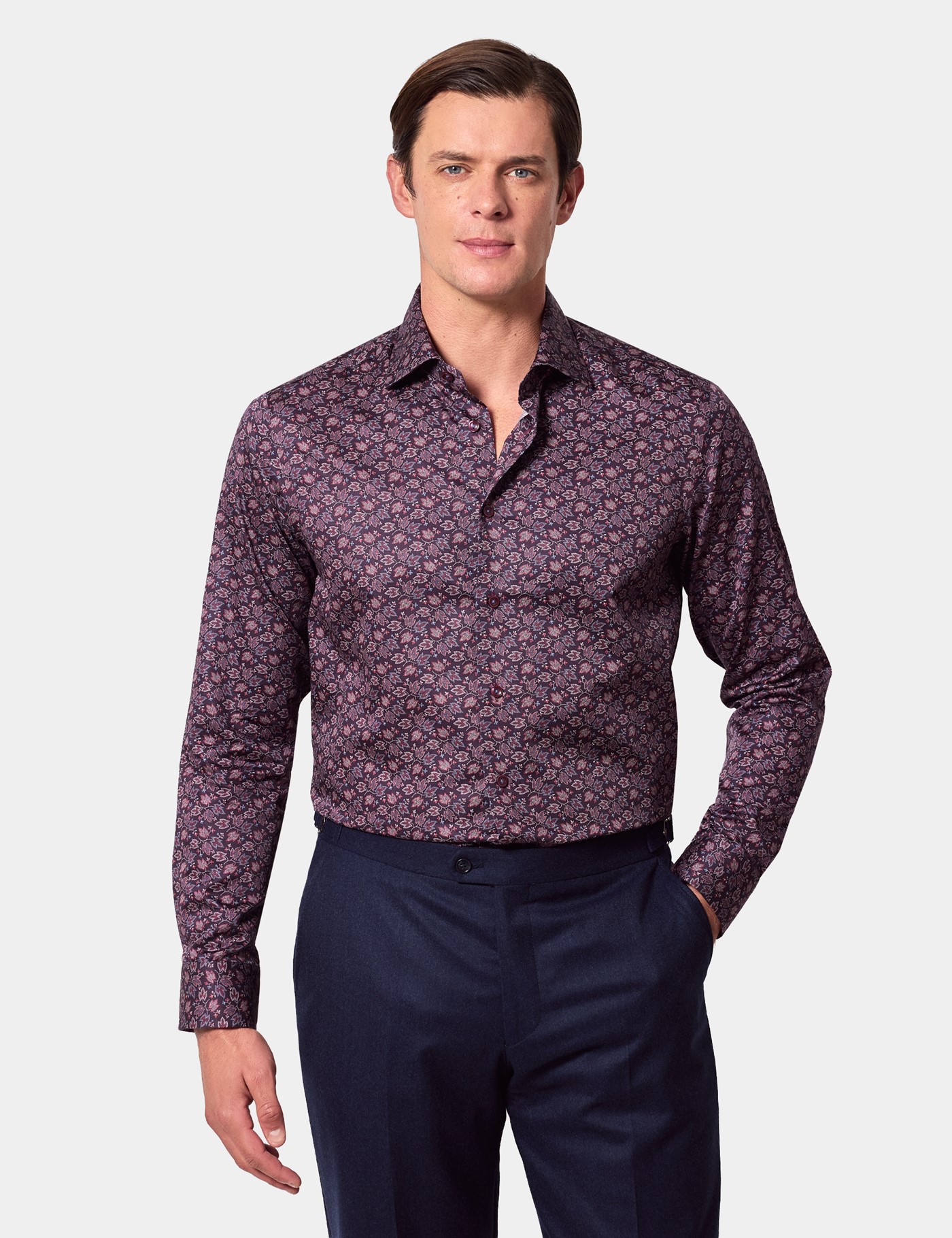 & Slim Fit Burgundy & Floral Shirt Long