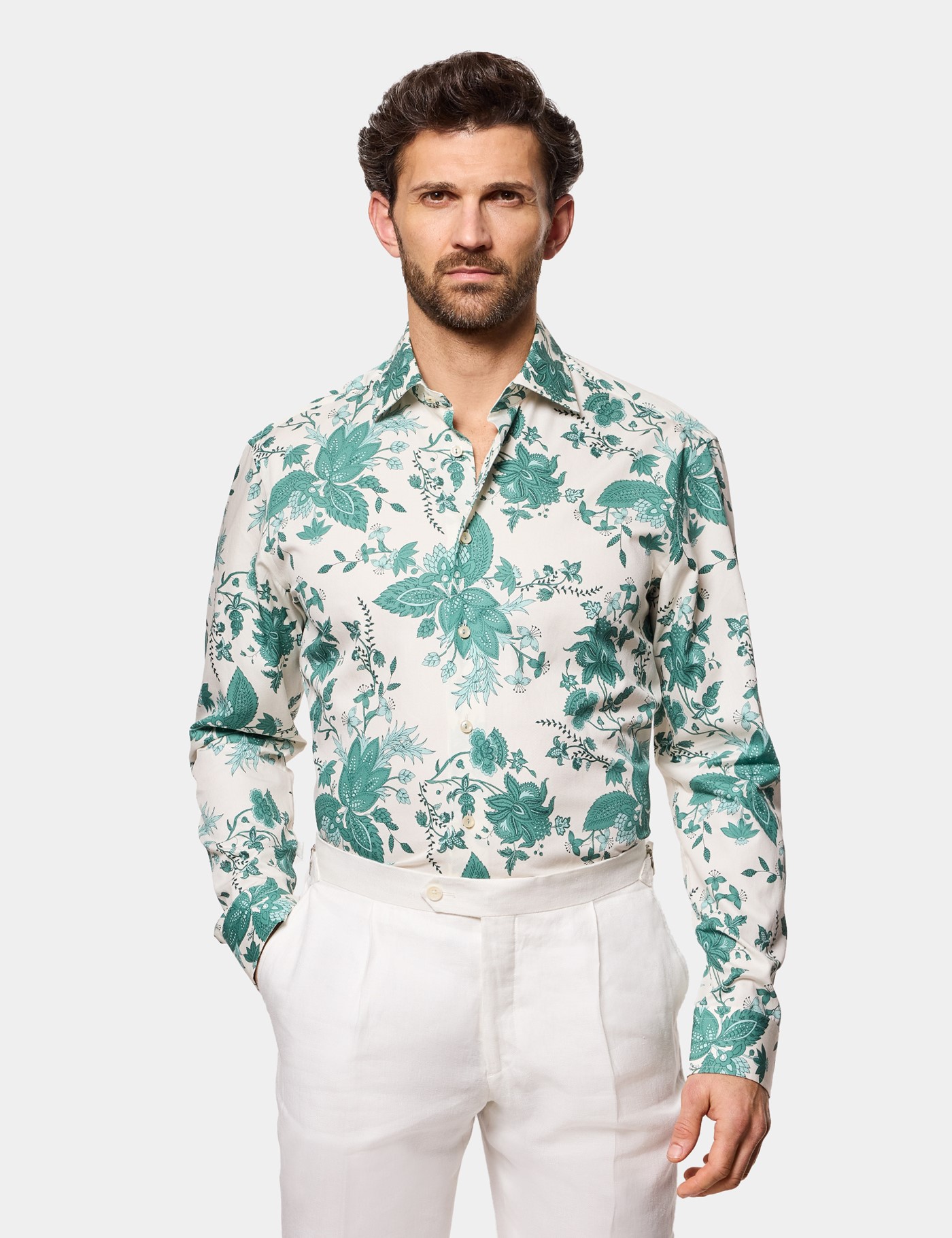 & Slim Fit & Cream Floral Diamond Weave Shirt Long