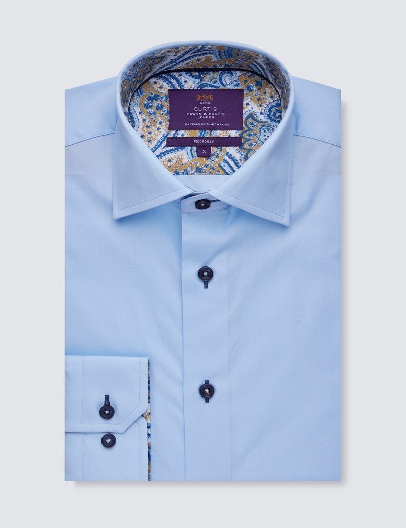 Men’s Curtis Light Blue Piccadilly Slim Fit Shirt With Contrast Detail - Low Collar