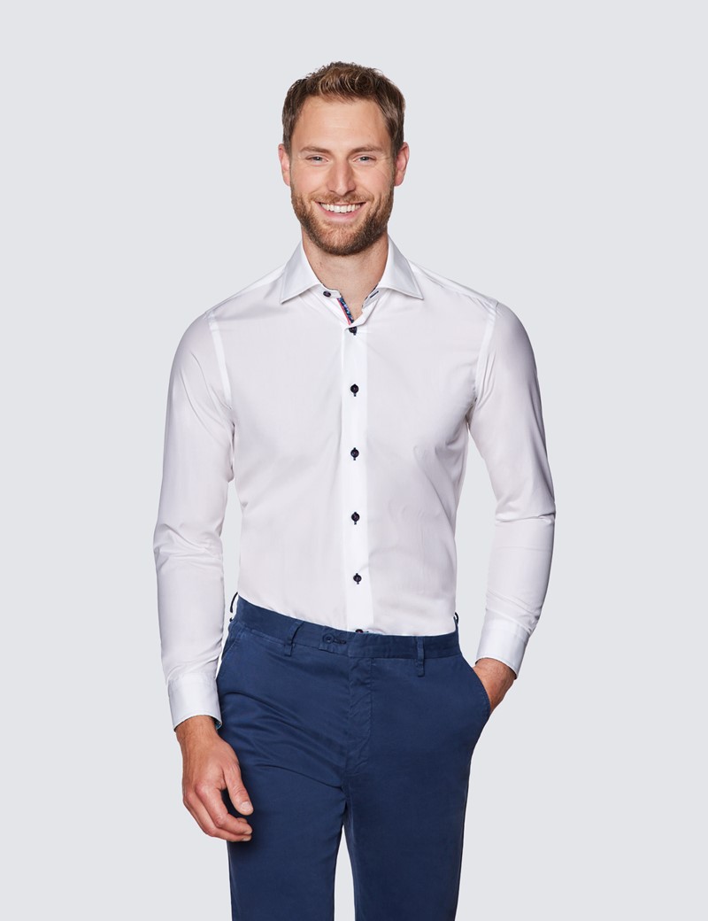 Men’s Curtis White Piccadilly Slim Fit Shirt With Contrast Detail - Low Collar