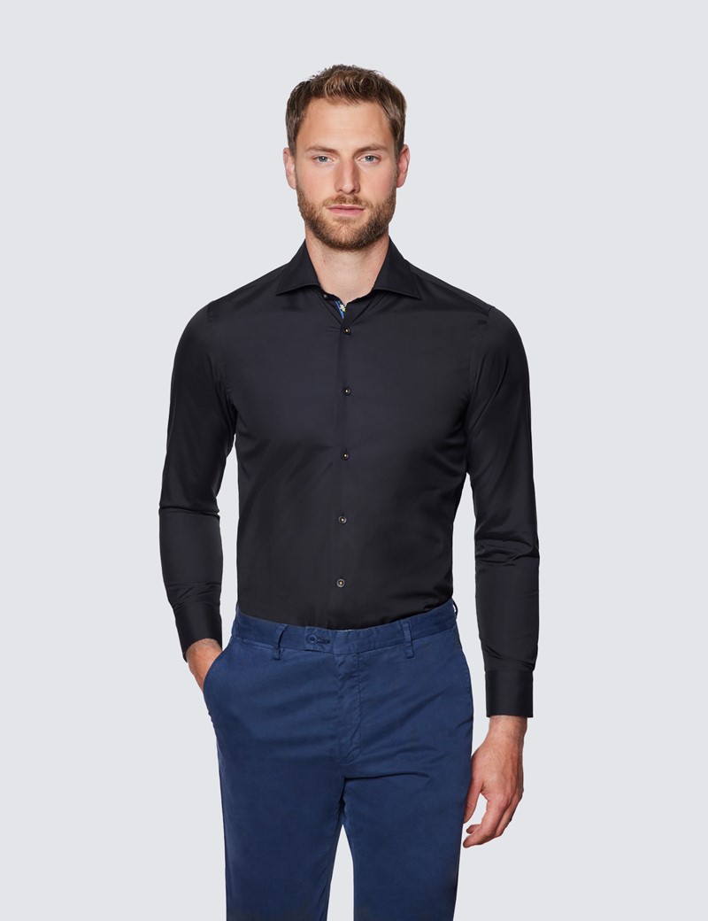 Men’s Curtis Black Piccadilly Slim Fit Shirt With Contrast Detail - Low Collar