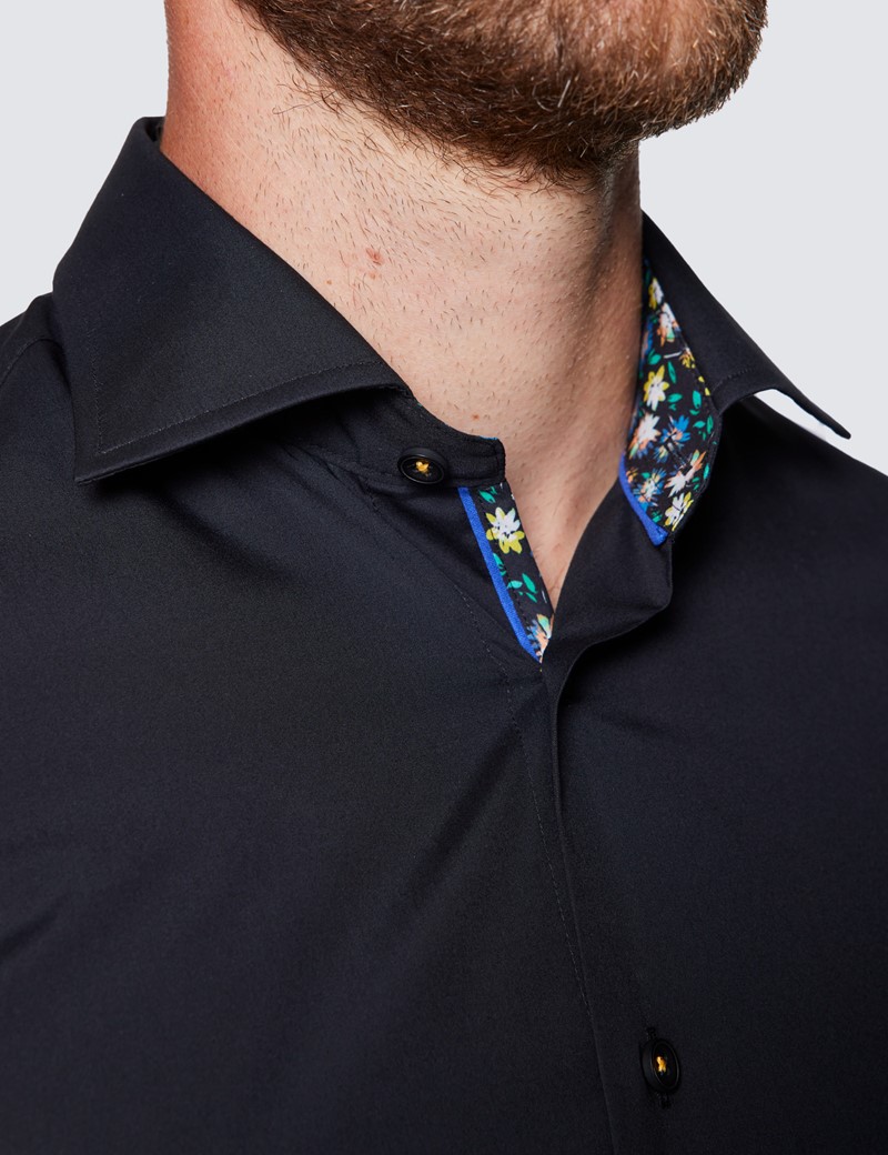 Men’s Curtis Black Piccadilly Slim Fit Shirt With Contrast Detail - Low Collar