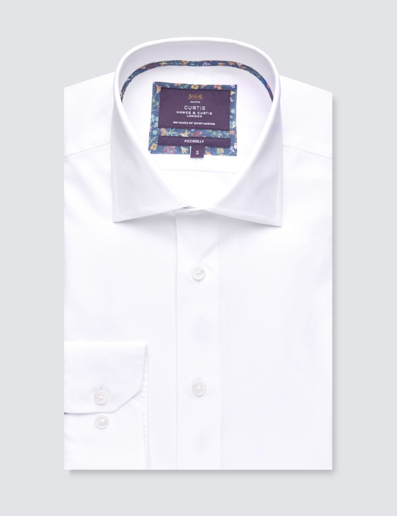 Men’s Curtis White Piccadilly Slim Fit Shirt With Contrast Detail - Low Collar