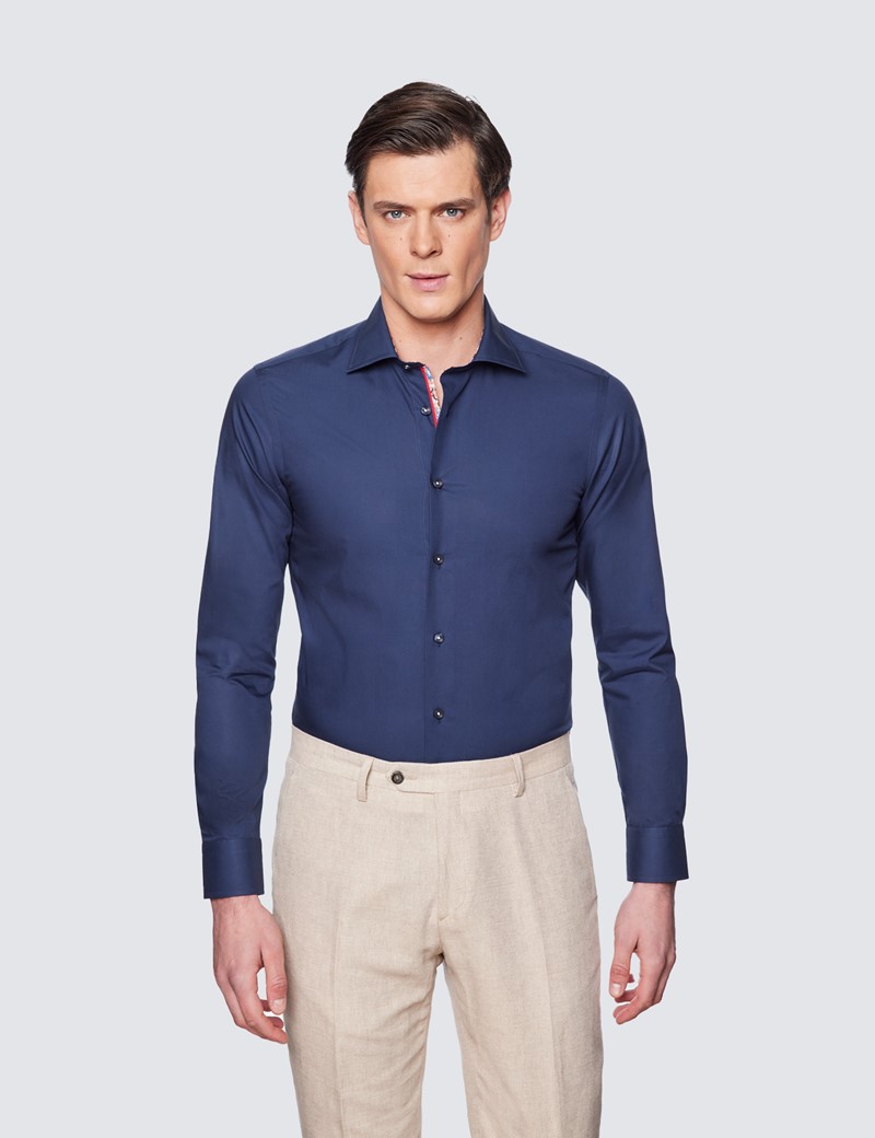 Men's Curtis Navy Relaxed Slim Fit Shirt With Contrast Detail - Low Collar