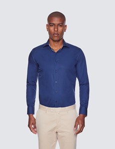 Curtis Navy Relaxed Slim Fit Shirt With Contrast Detail - Low Collar