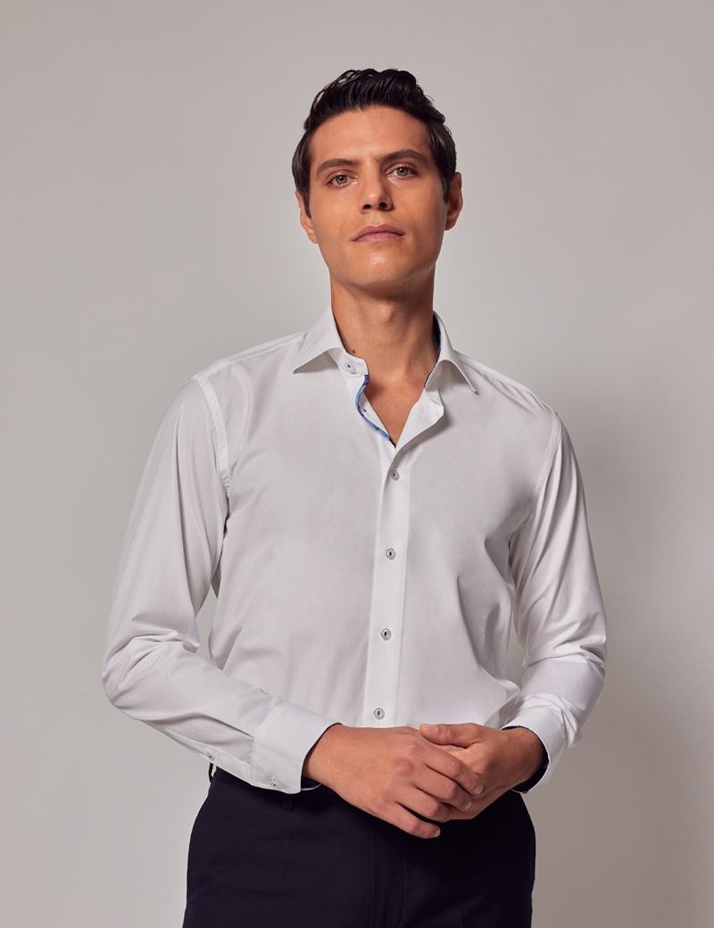 Men's White Cotton Sateen Shirt With Contrast Detail