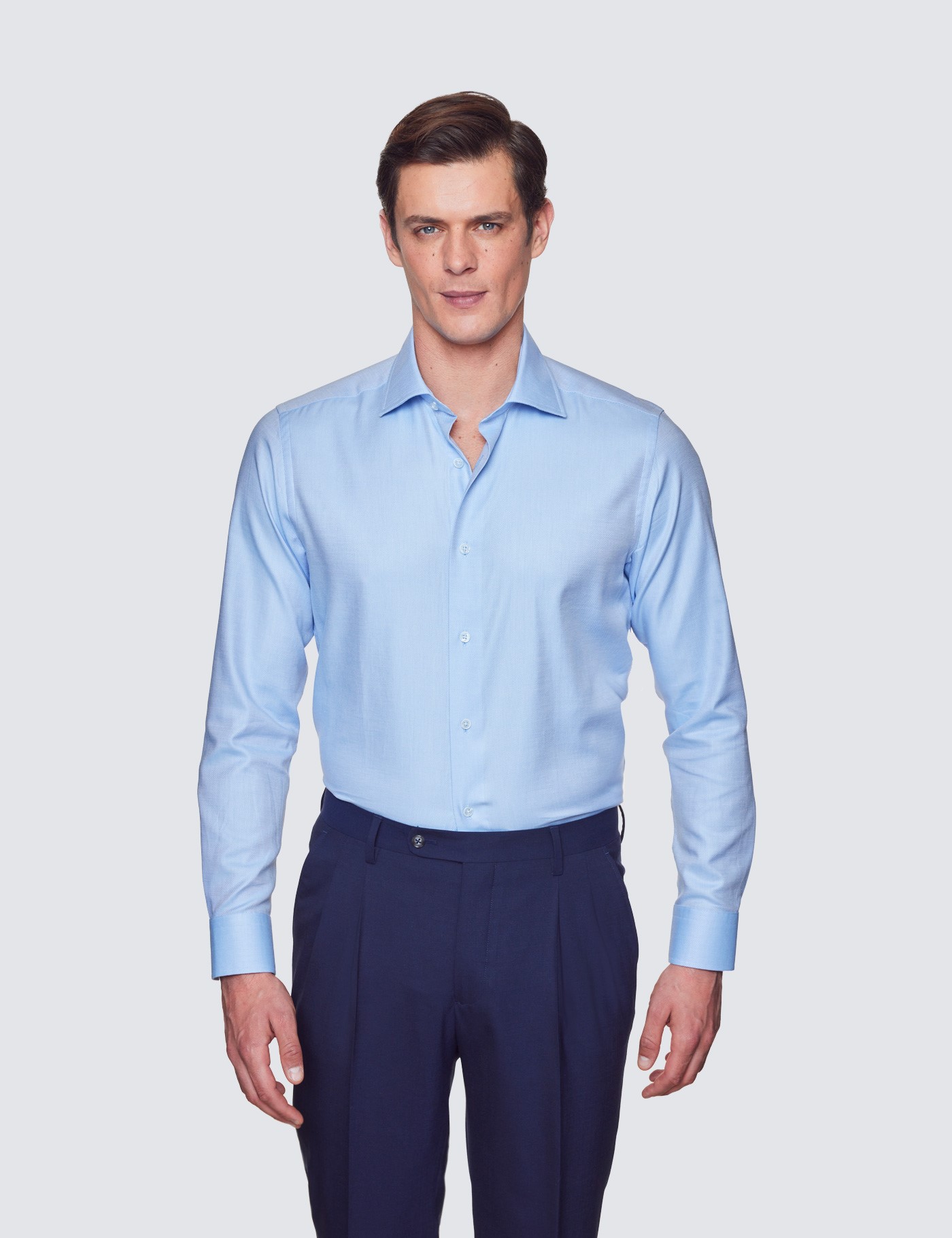 Curtis Plain Blue Twill Relaxed Slim Fit Shirt - Low Collar | Hawes ...