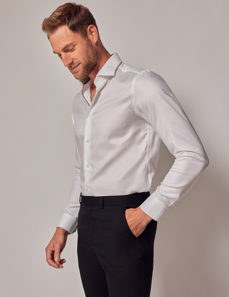 Men's White Twill Slim Cotton Stretch Shirt with Contrast Detail