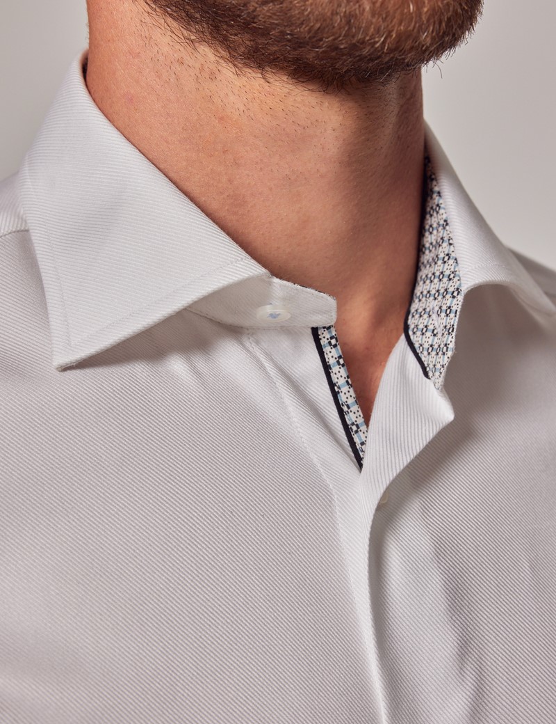 Men's White Twill Slim Cotton Stretch Shirt with Contrast Detail