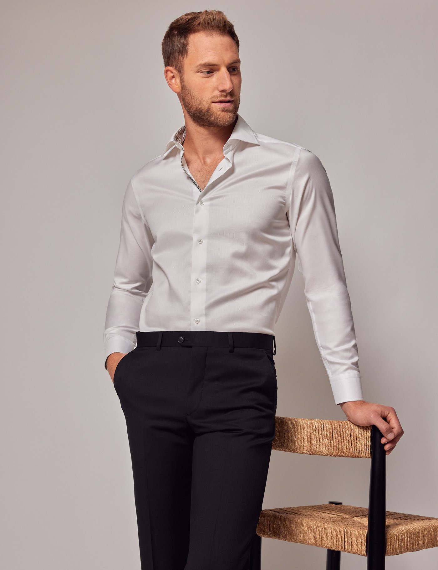 hawes & curtis white twill slim shirt with contrast detail