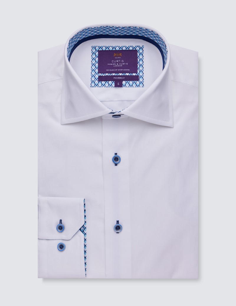 Men’s Curtis White Piccadilly Stretch Slim Fit Shirt With Contrast Detail - Low Collar