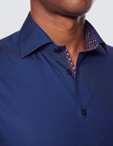 Curtis Plain Navy Cotton Stretch Relaxed Slim Fit Shirt With Contrast Detail - Low Collar