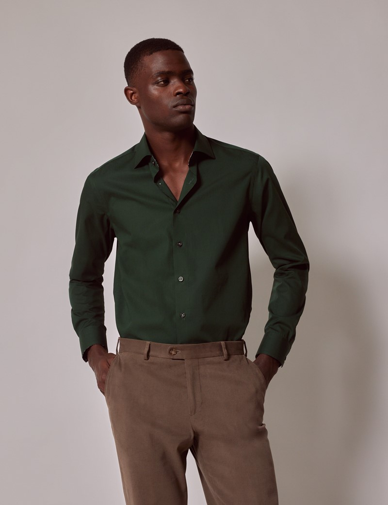 Men's Dark Green Cotton Stretch Slim Shirt With Contrast Detail