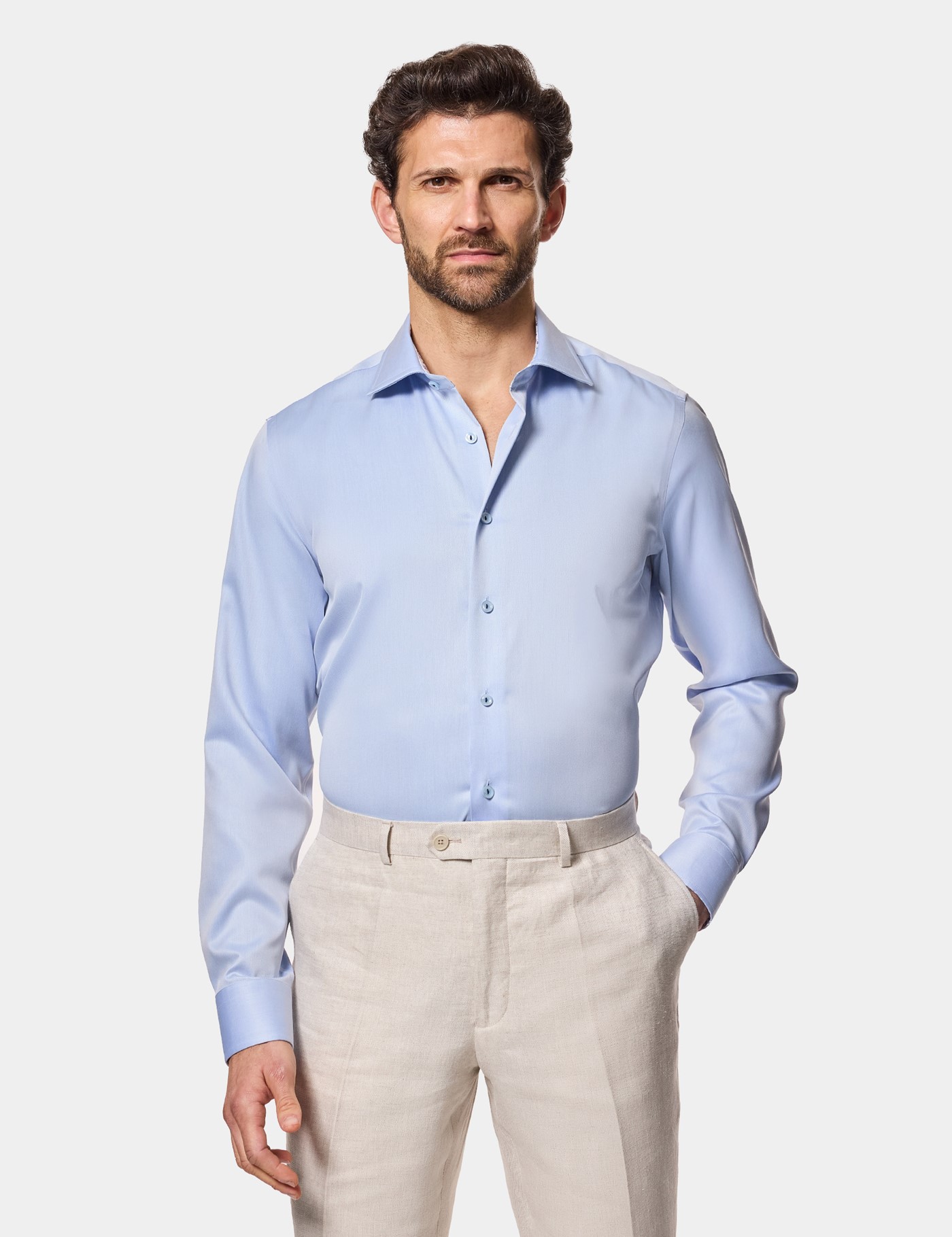 Hawes & Curtis Slim Fit Blue Twill Non-Iron Curtis Shirt | Contrast Detail Size: XS