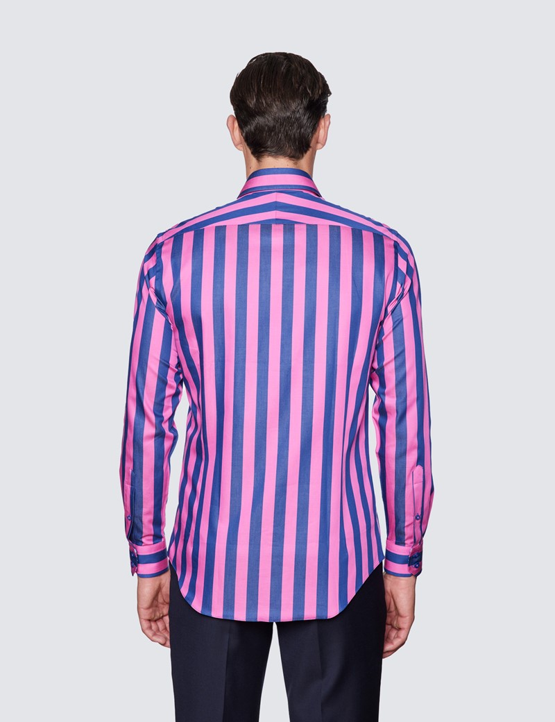 Men's Curtis Fuchsia & Blue Stripe Relaxed Slim Fit Shirt - Low Collar