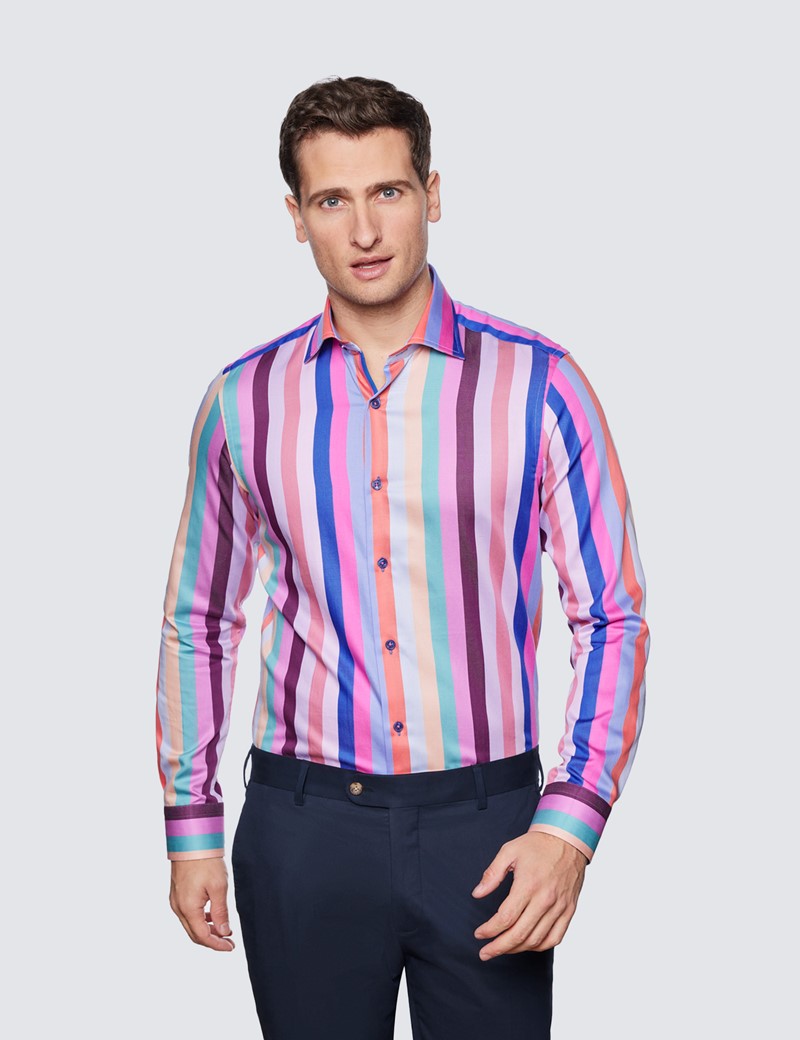 Men's Curtis Purple & Blue Multi Stripe Relaxed Slim Fit Shirt - Low Collar