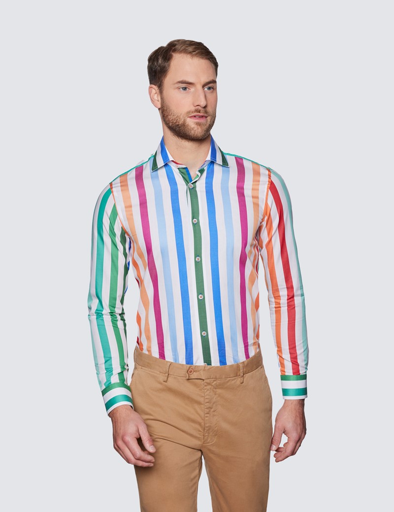 Men's Curtis White & Green Multi Stripe Relaxed Slim Fit Shirt - Low Collar