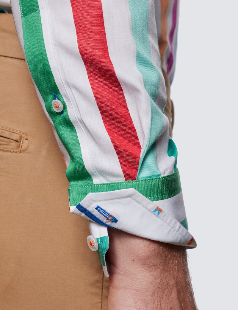 Men's Curtis White & Green Multi Stripe Relaxed Slim Fit Shirt - Low Collar