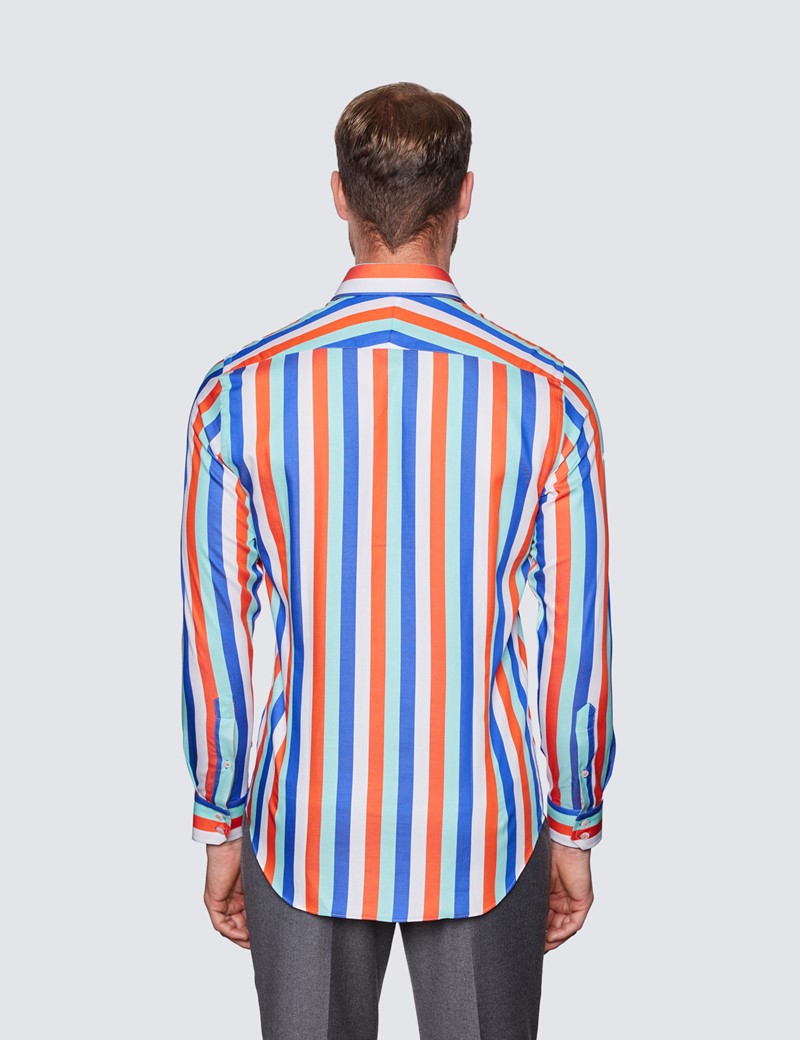 Men's Curtis Orange & White Large Stripe Relaxed Slim Fit Shirt - Low Collar