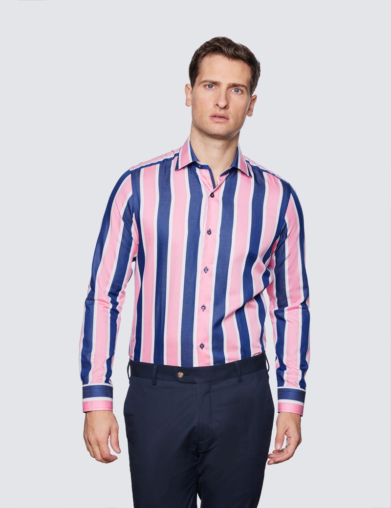 Men's Curtis Pink & Blue Large Stripe Relaxed Slim Fit Shirt - Low Collar