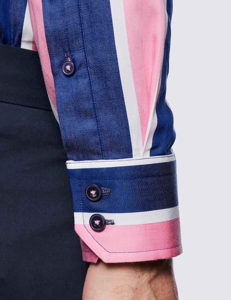 Men's Curtis Pink & Blue Large Stripe Relaxed Slim Fit Shirt - Low Collar