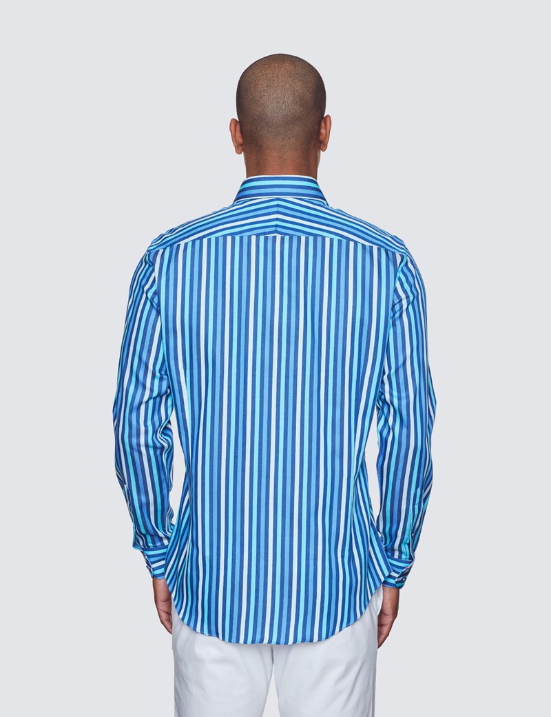 Curtis Navy & Blue Fine Stripe Relaxed Slim Fit Shirt - Low Collar