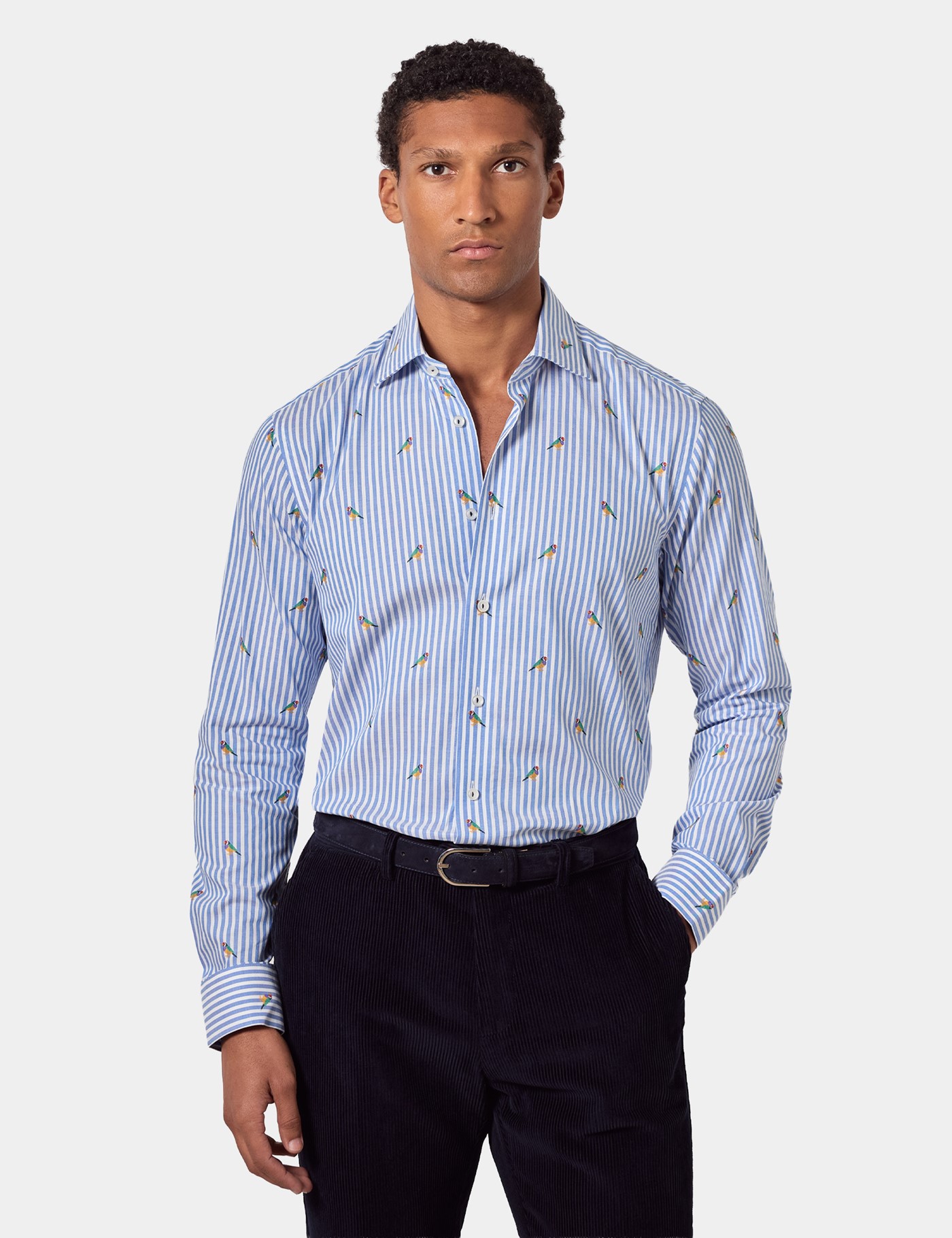 Hawes & Curtis Slim Fit Blue & White Dobby Parrot Stripe Curtis Shirt Size: Small