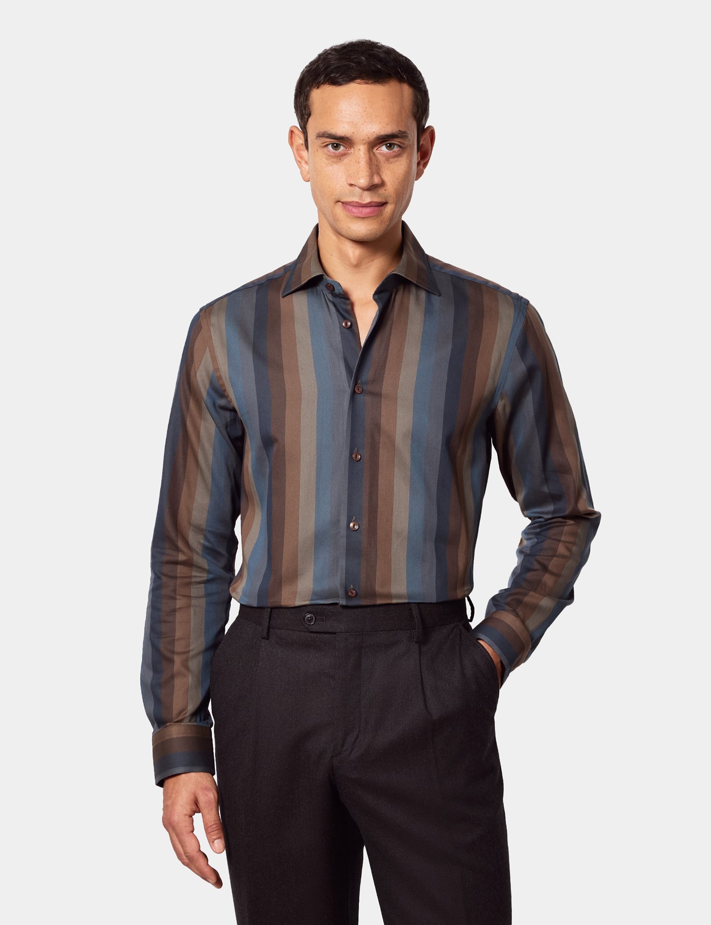 & Slim Fit Grey & Stripe Shirt Long