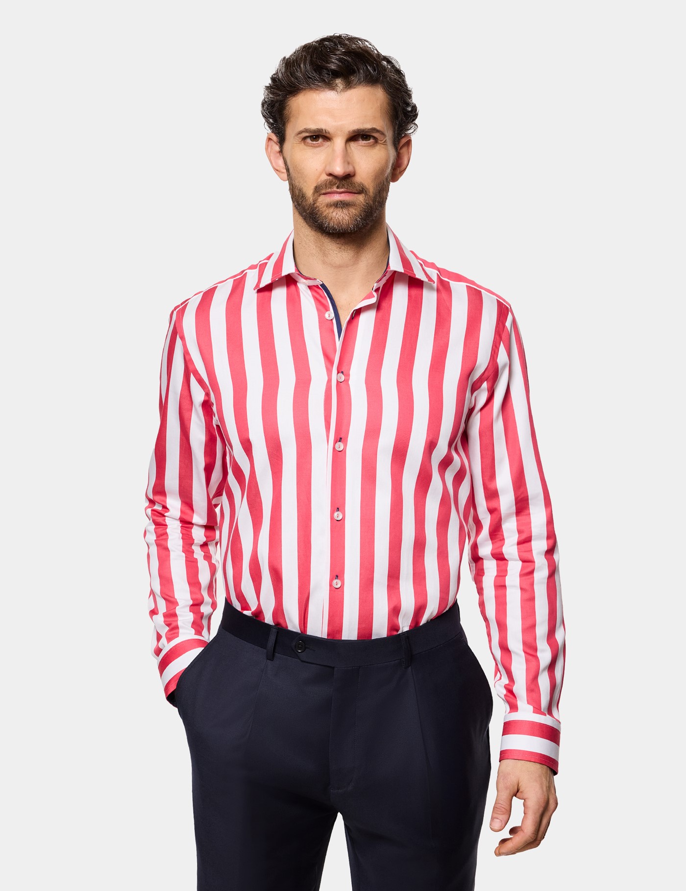 & Slim Fit Red & Stripe Shirt Long