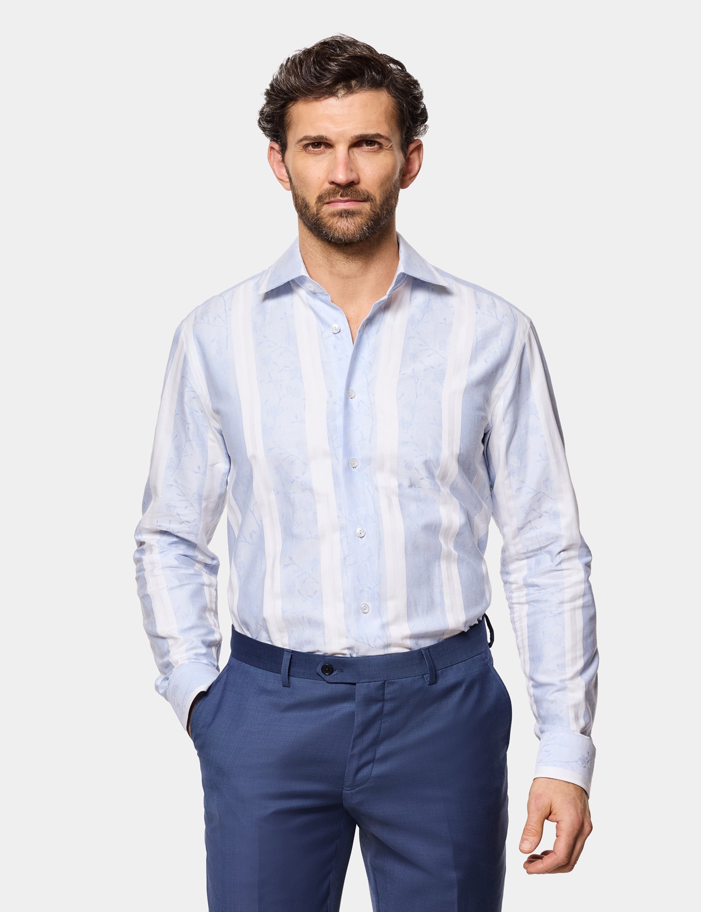 & Slim Fit Blue & Jacquard Stripe Shirt Long