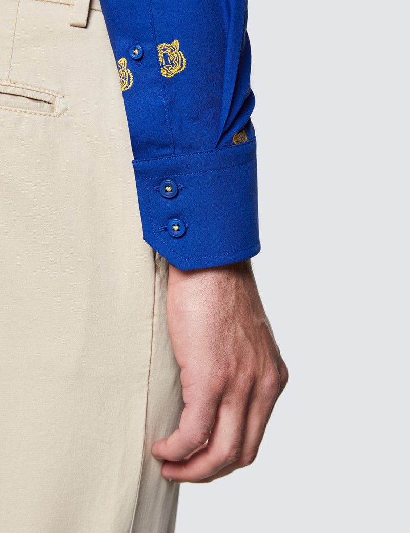 Men's Curtis Navy and Yellow Cotton Shirt - Low Collar
