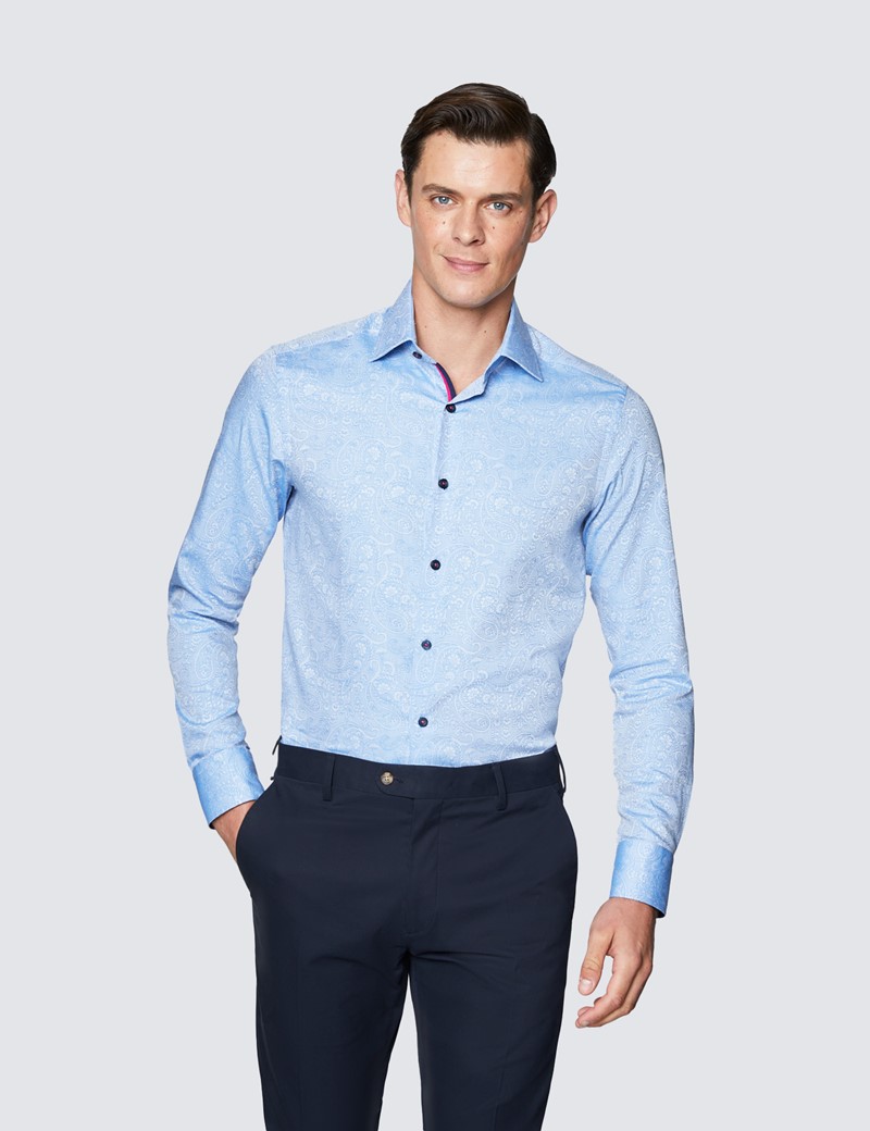 Men's Curtis Light Blue Paisley Print Shirt - Low Collar