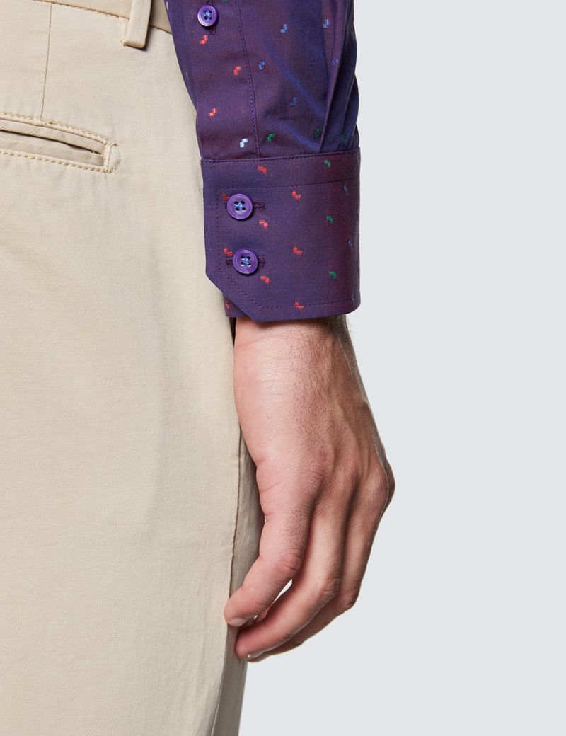 Men's Curtis  Purple and Red Cotton Shirt - Low Collar