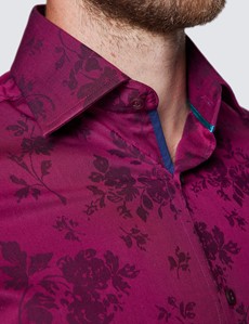 Men’s Curtis Burgundy Floral Dobby Piccadilly Slim Fit Shirt - Low Collar