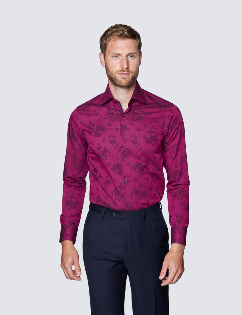 Men’s Curtis Burgundy Floral Dobby Piccadilly Slim Fit Shirt - Low Collar