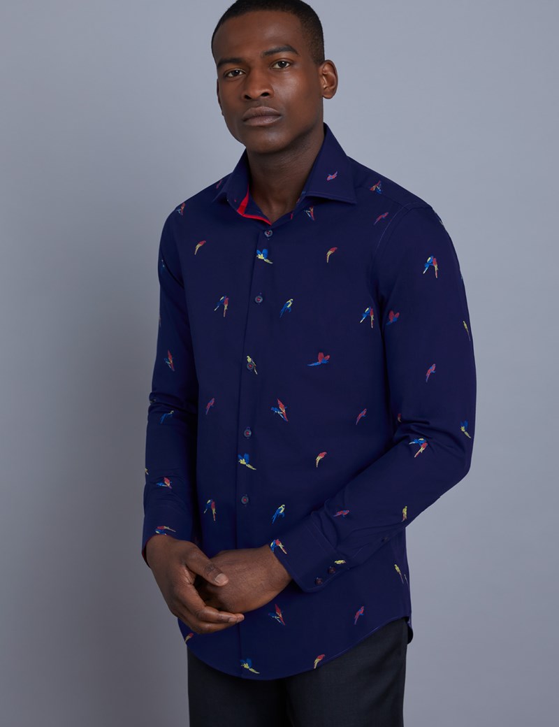 Men’s Curtis Navy Parrot Print Dobby Weave Slim Fit Shirt - Single Cuff ...