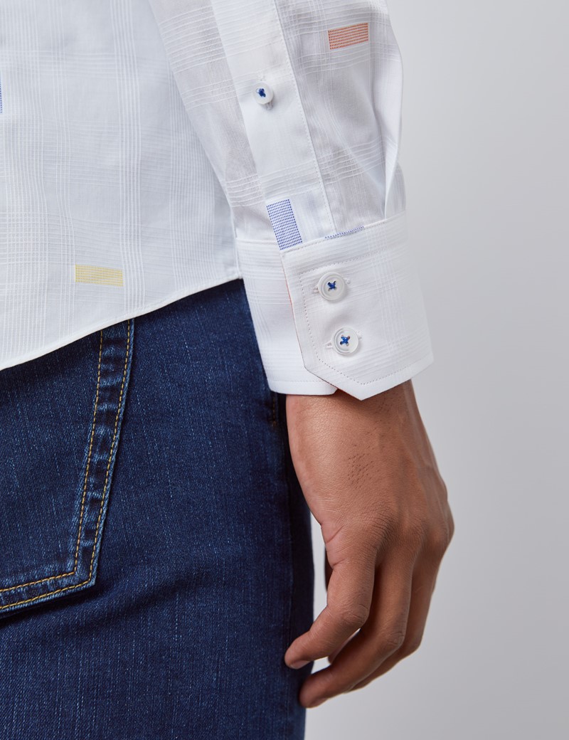 Men’s Curtis White & Orange Geometric Dobby Slim Fit Shirt - Single Cuff