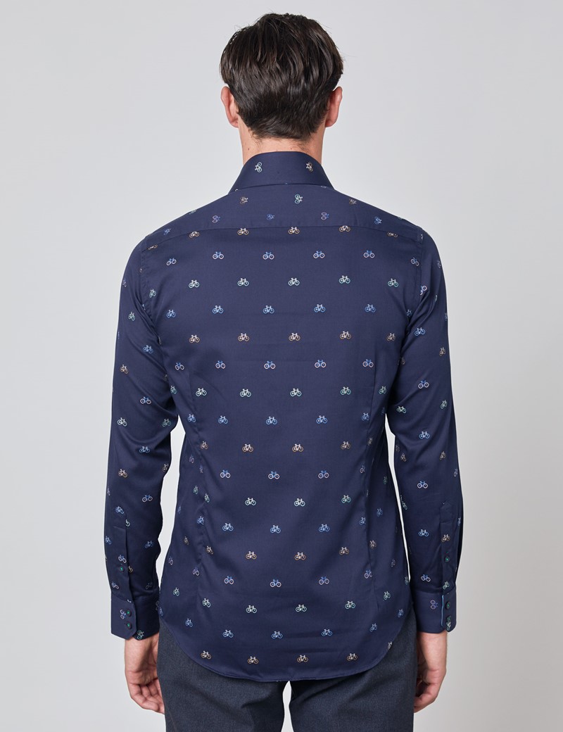 Easy Iron Cotton Small Bicycle Print Men's Slim Fit Shirt with Low