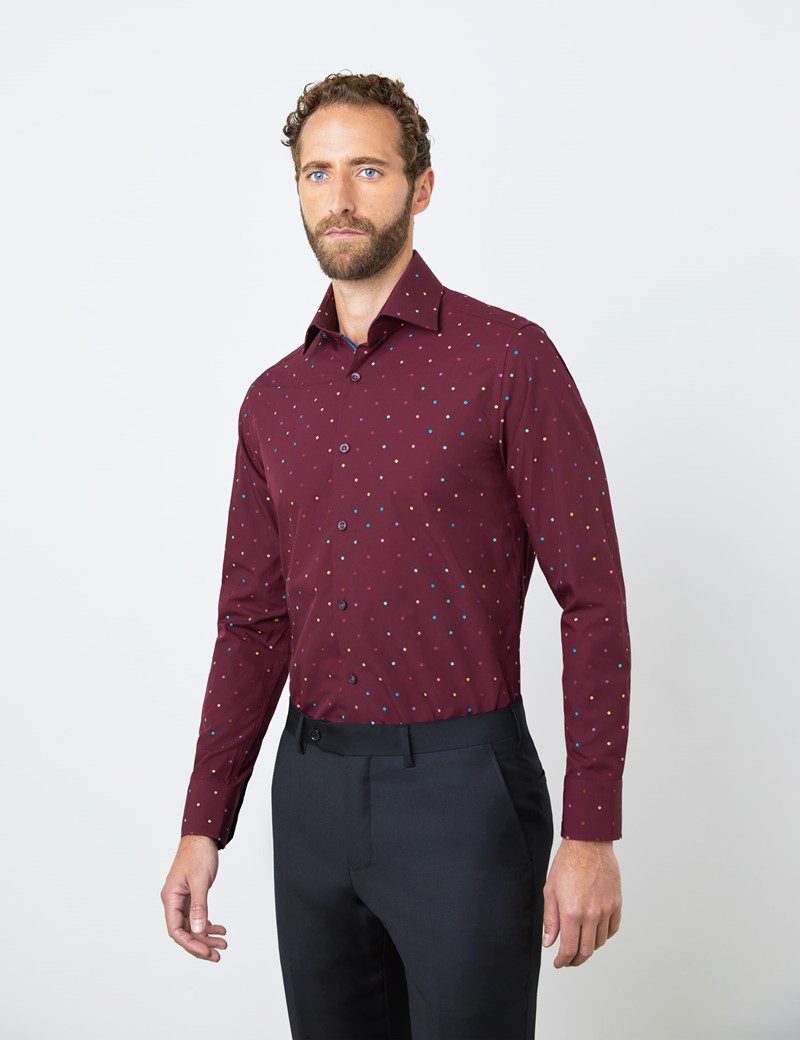 Men’s Curtis Burgundy Jacquard Small Spots Piccadilly Relaxed Slim Fit Shirt - Low Collar - Single Cuff