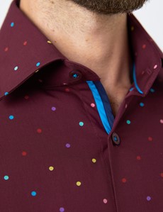 Men’s Curtis Burgundy Jacquard Small Spots Piccadilly Relaxed Slim Fit Shirt - Low Collar - Single Cuff